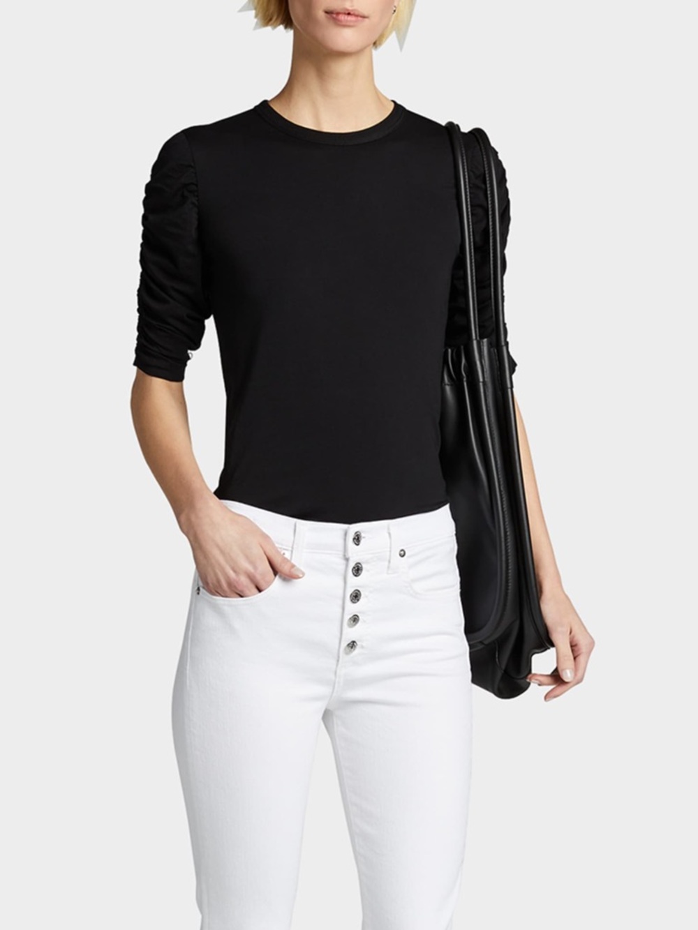 Veronica Beard Waldorf Ruched Sleeve 100% Cotton T-Shirt - Picture 2 of 4